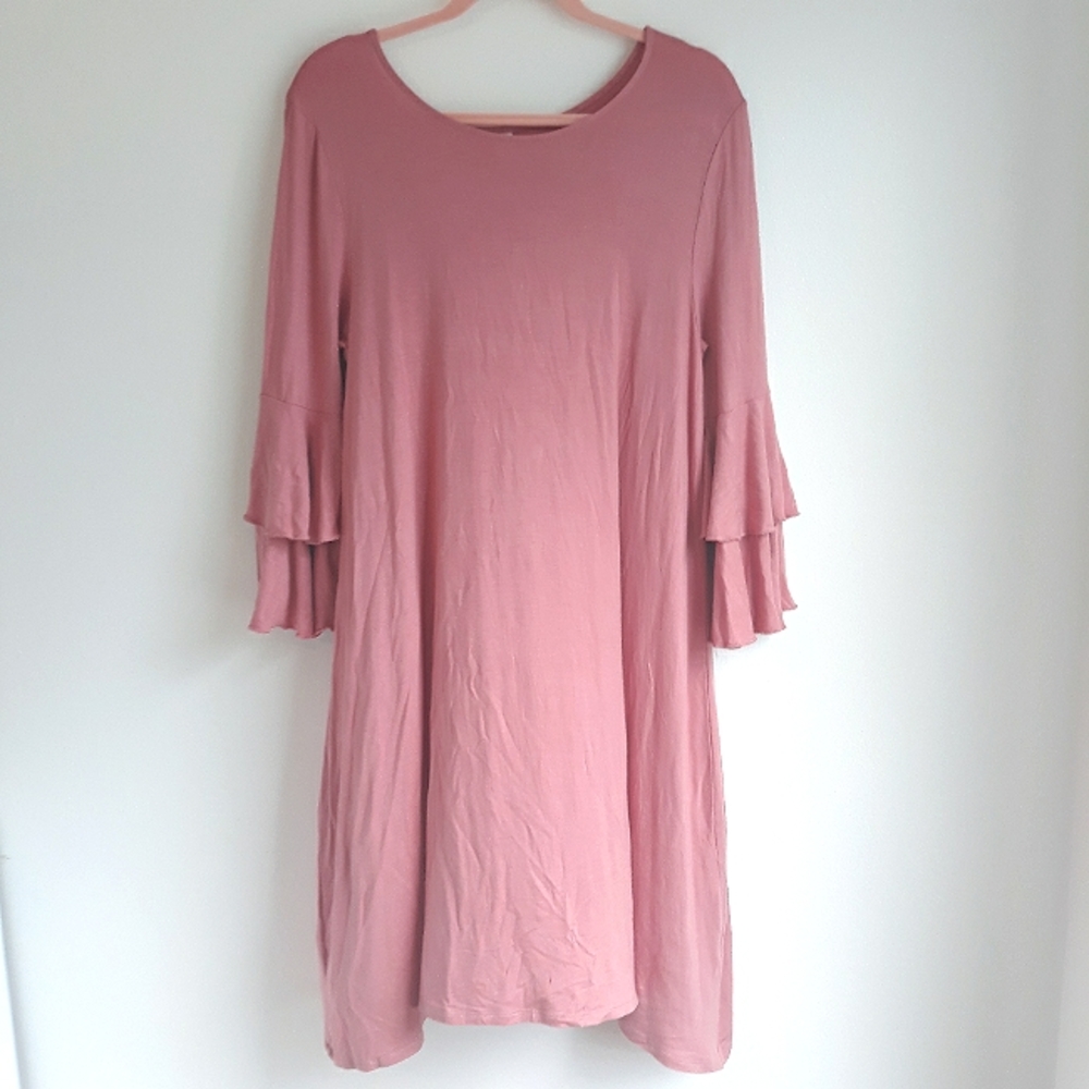 Zenana Premium pink ruffle long sleeve handkerchief hem jersey tunic midi dress